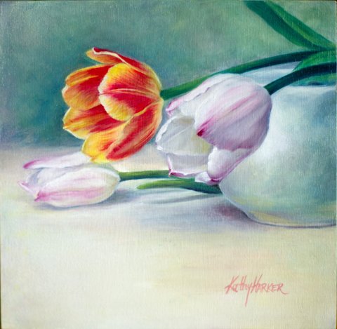 Three Tulips Resting With White Bowl